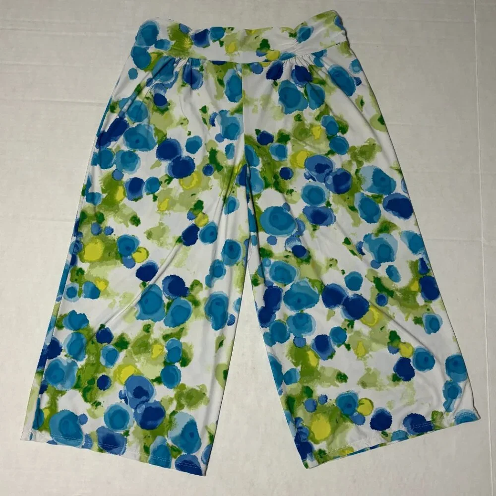 Alfani Intimates Wide Leg Lounge‎ / Sleep Pants Size M Blue Green Print Stretch